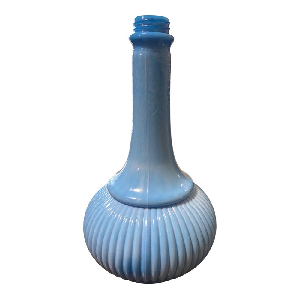 VTG BLUE Milk Glass 9” Barber Bottle Ribbed Screw Top Decanter Vase Hand Blown